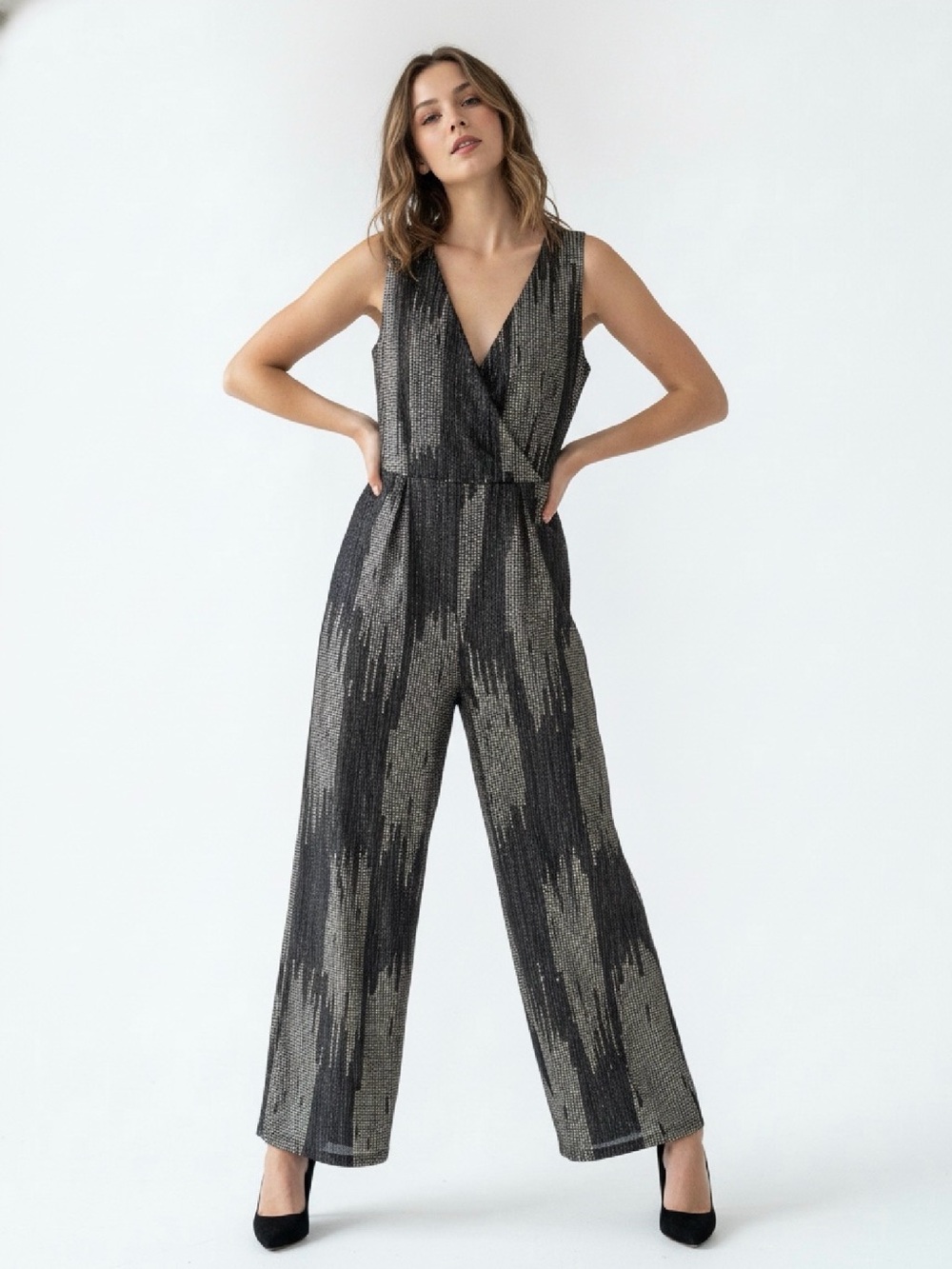 Metallic Black & Silver V-Neck Wide-Leg Jumpsuit